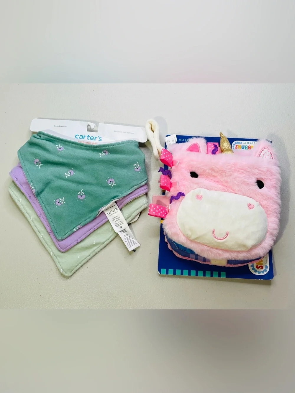 NWT Carter's Pastel Bandana Bibs with Pink Unicorn Plush Book Accessory Gift